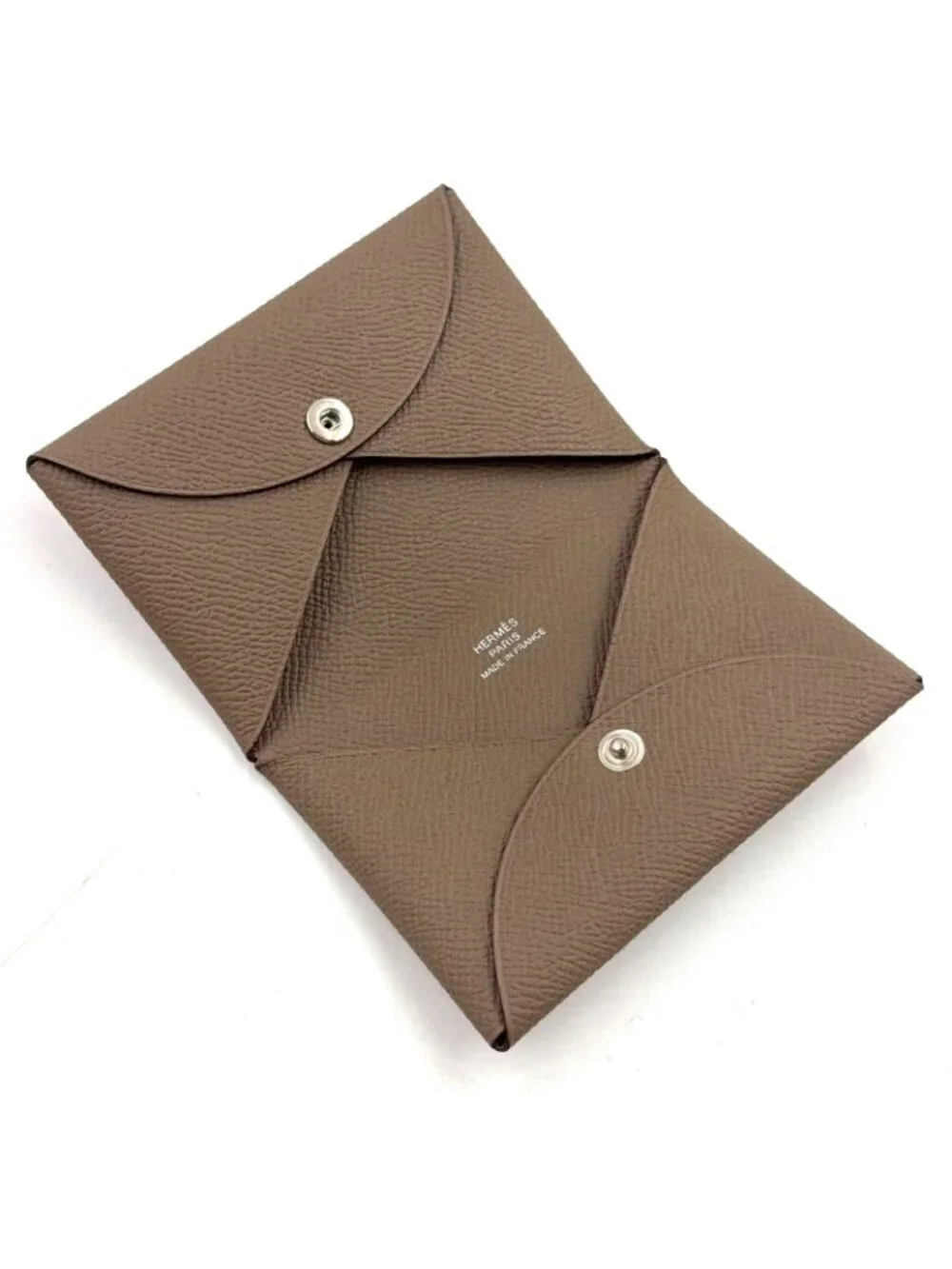 Hermes Calvi Duo Leather Gray Beige Card Case Silver
